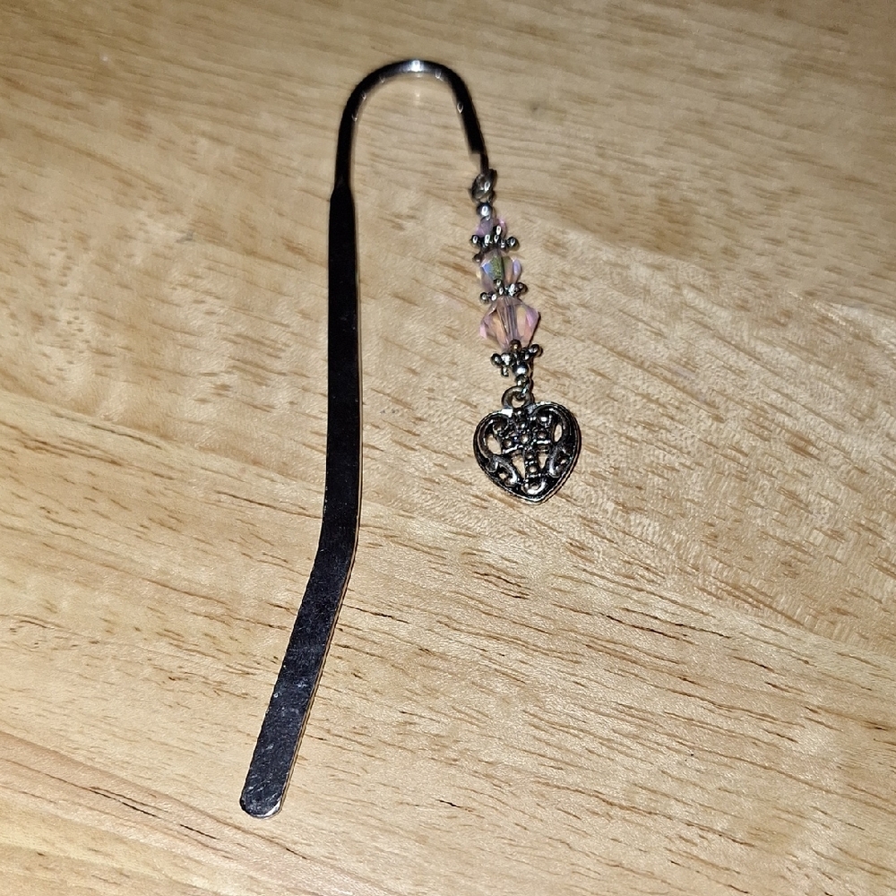 Silver Heart Bookmark with Pink Beads